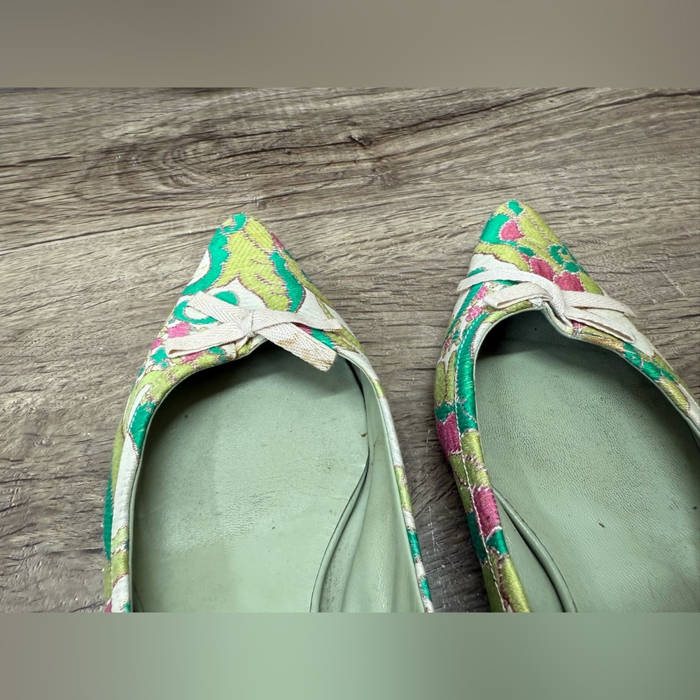 Vtg Prada SS2003 Green‎ Brocade Flat Shoes 37.5 - Picture 2 of 11